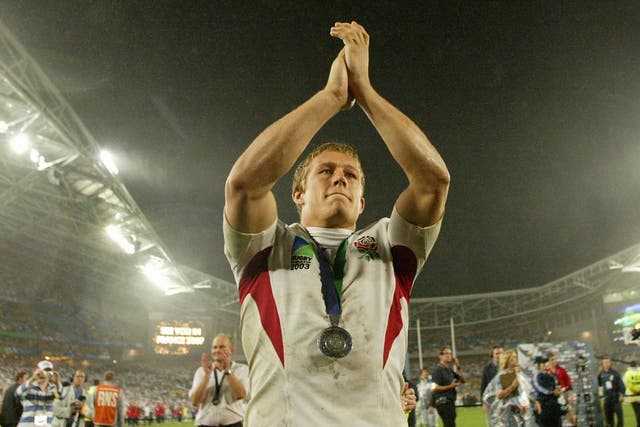 Jonny Wilkinson pictured celebrating England's 2003 World Cup triumph, in which he kicked the winning points in the final