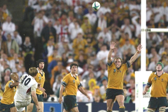 Jonny Wilkinson of England kicks the winning drop goal during extra time in the Rugby World Cup Final match between Australia and England at Telstra Stadium in 2003