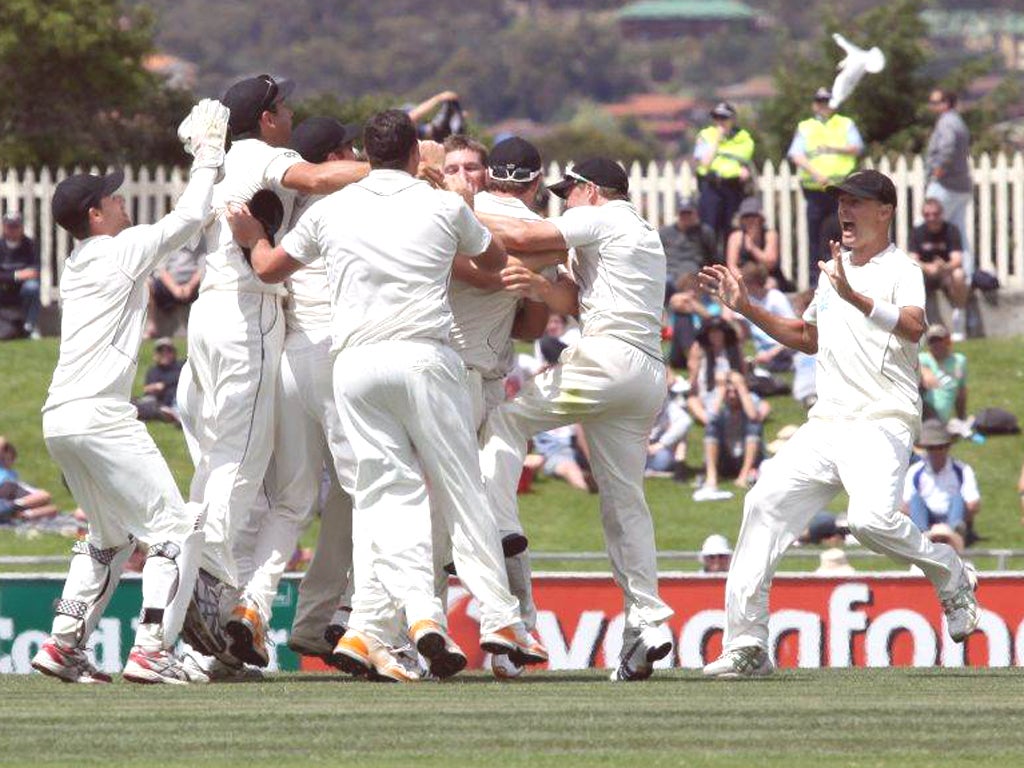 New Zealand beat Australia by seven runsHobart, 12/11/1 - Australia were cruising at 159 for 2, chasing just 241 to win, until inspired swing bowling from unheralded Doug Bracewell turned the game on its head