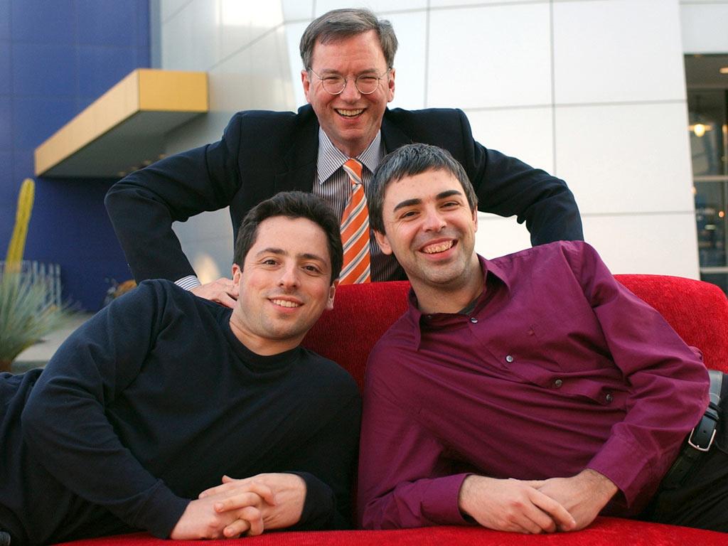 Google executive chairman Erich Schmidt, back, with founders Sergey Brin, left, and Larry Page