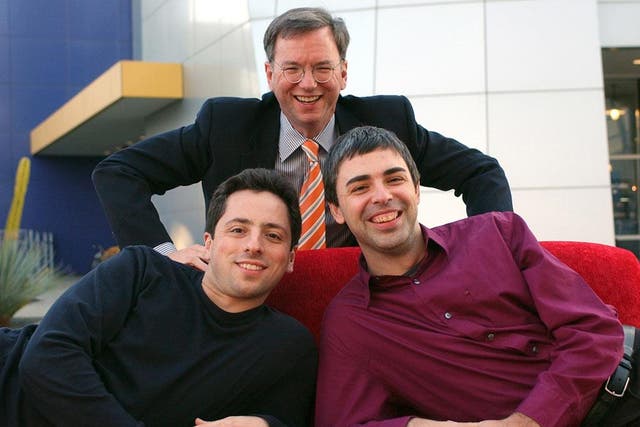 Google executive chairman Erich Schmidt, back, with founders Sergey Brin, left, and Larry Page