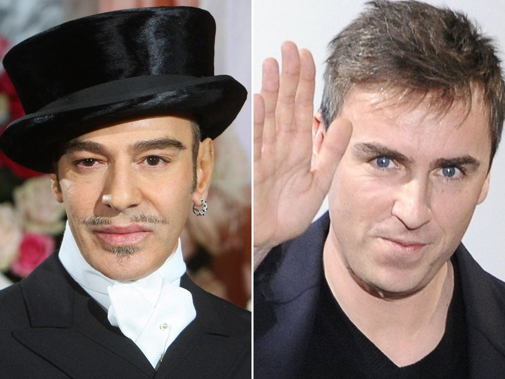 John Galliano worked at Dior for 15 years before being sacked last March after a racist outburst; right, Raf Simons