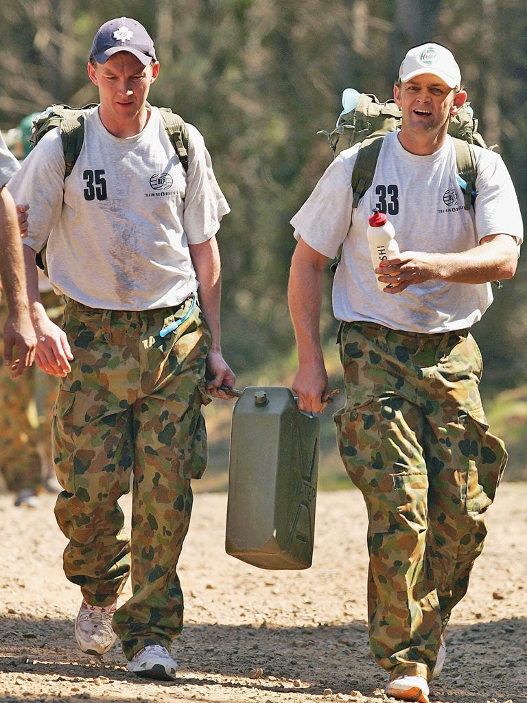 Australia cricket, 2006: The Aussie cricketers were sent on a
three-day, military-style camp in the Queensland outback, which included carrying 35kg jerry cans of water and pushing vans through mud. Sleep- and food-deprived, Shane Warne asked: 'Why not lo