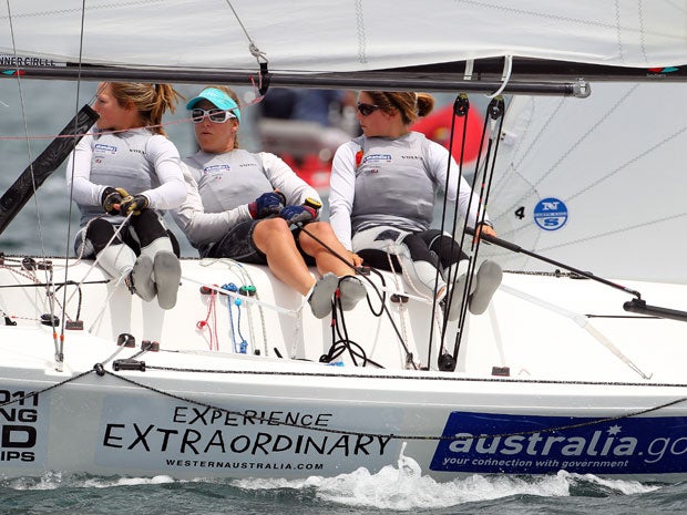 Kate (left) Annie Lush (centre) and Lucy Macgregor have battled hard to reach to finals of the Women’s World Match Racing championships in Fremantle, Australia