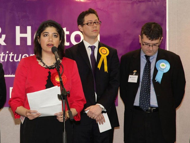 Labour candidate Seema Malhotra makes a speech after winning the Feltham and Heston by-election