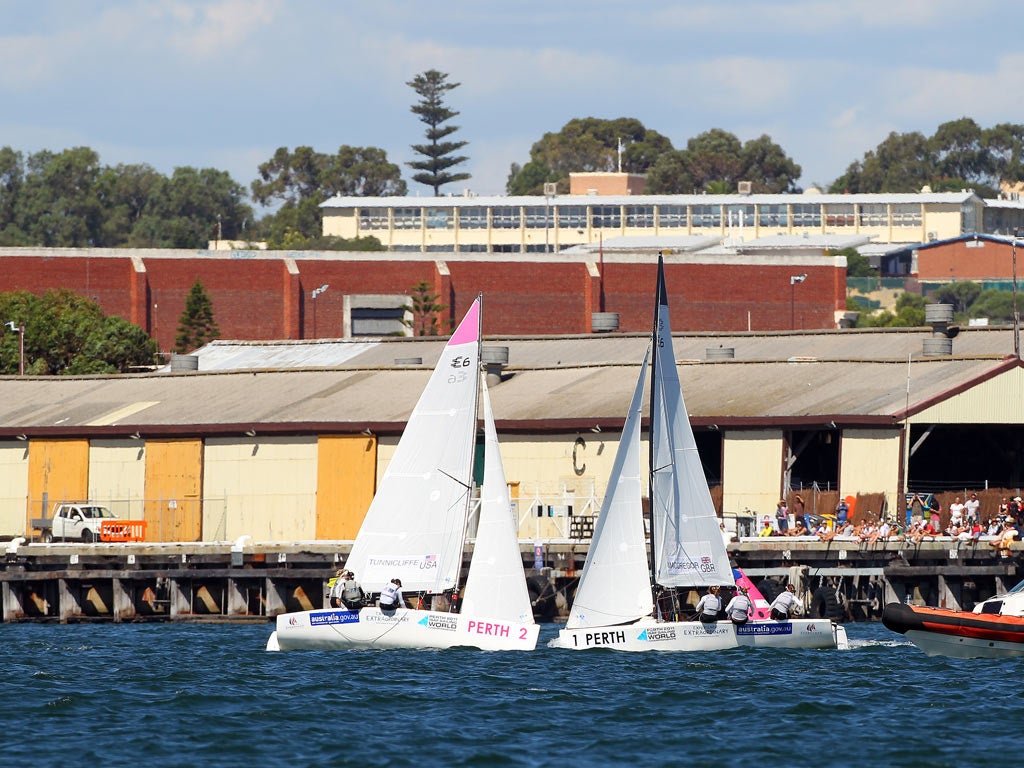 Head to head, the Americans (left) beat the British for the women’s world match racing championship at the mouth of the Swan River in Fremantle