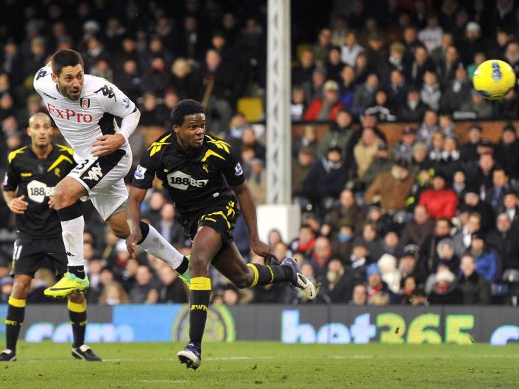 <p>Head master: Clint Dempsey nods home Fulham’s opening goal </p>