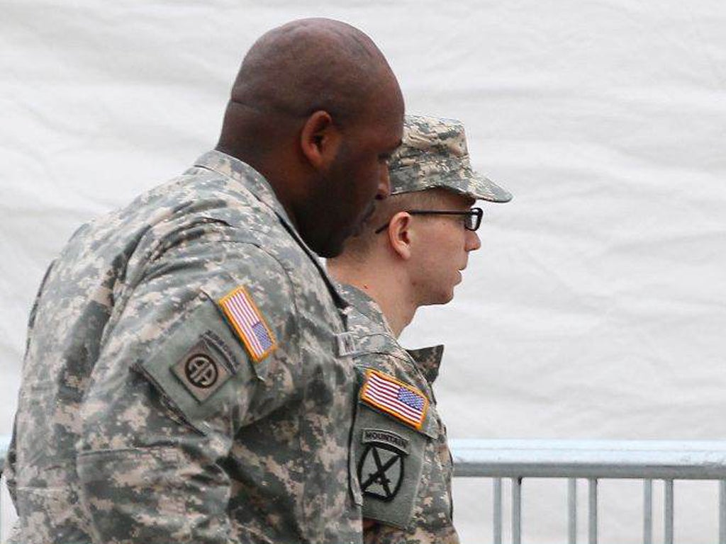 <p>Bradley Manning arrives at his hearing in Fort Meade yesterday</p>