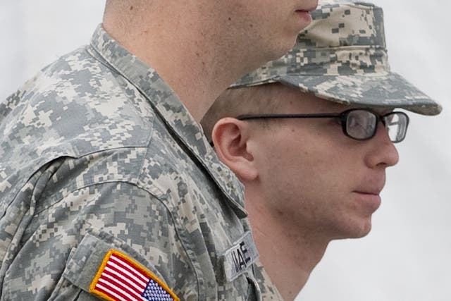 <p>Bradley Manning arrives for the hearing at Fort Meade yesterday</p>