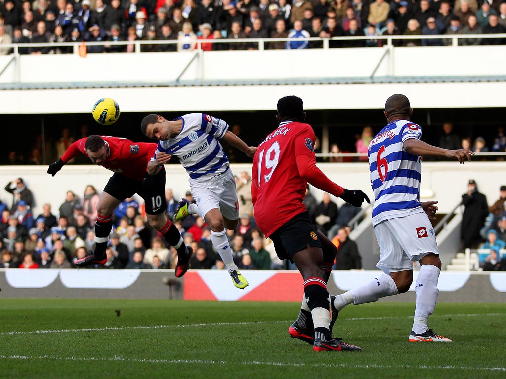 Wayne Rooney (left) heads the opening goal after only 51 seconds