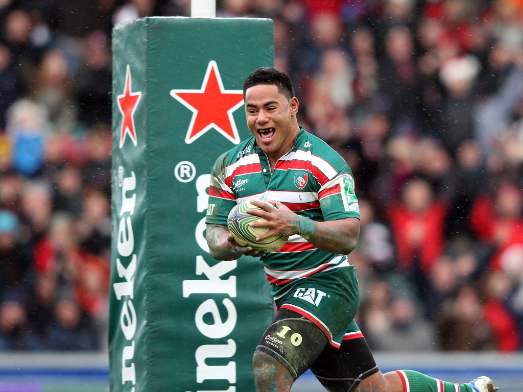 Manu Tuilagi races clear to score Leicester's first try