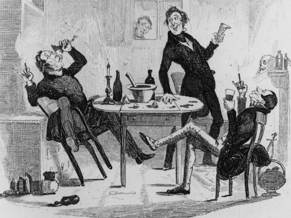 High spirits: 'Conviviality at Bob Sawyer's: Three Men Enjoying a Drink' (c1836) by Phiz from 'The Pickwick Papers'