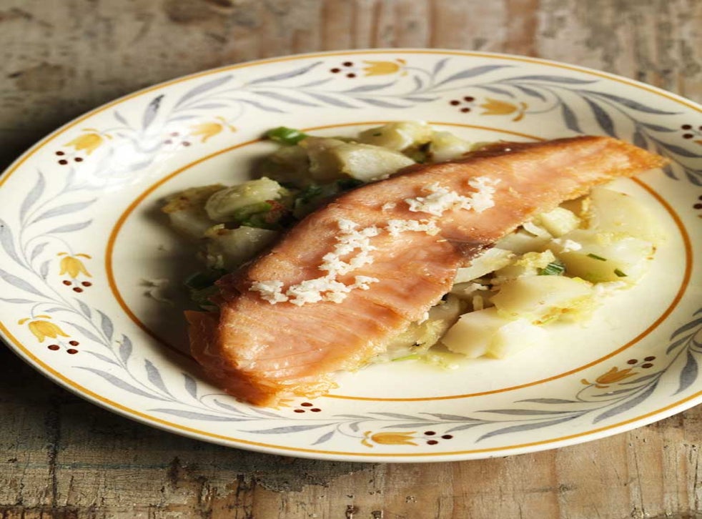 Panfried smoked salmon with potato and horseradish salad The