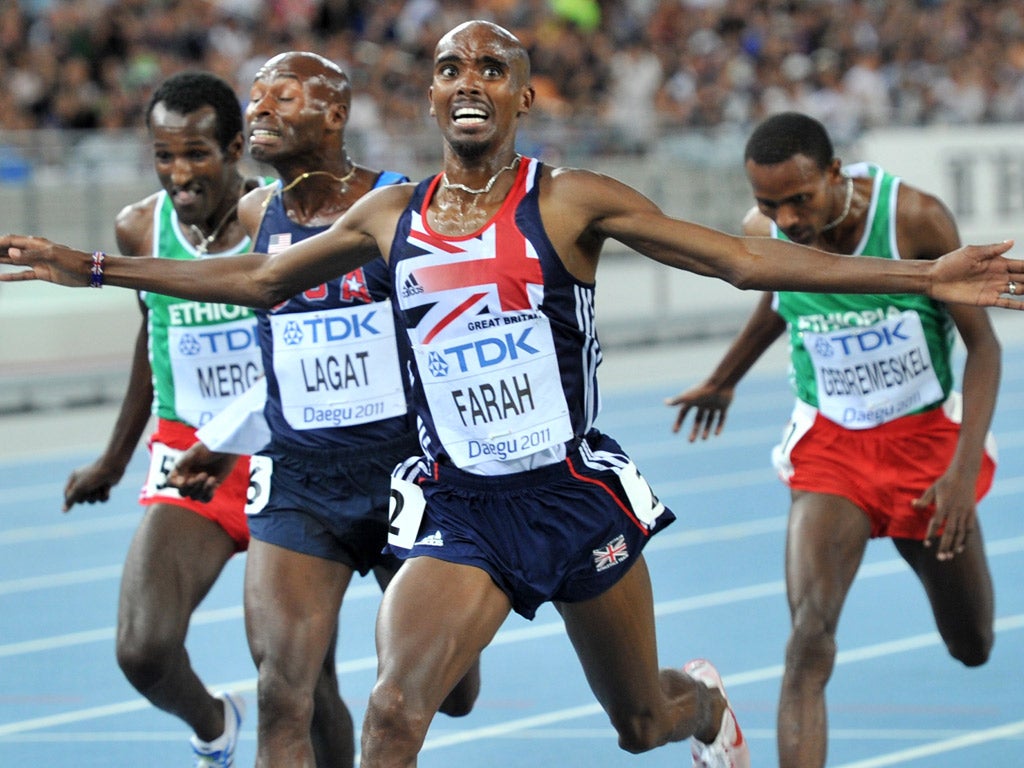 The joy is etched across Mo Farah's face after winning 5,000m world championship gold in Daegu