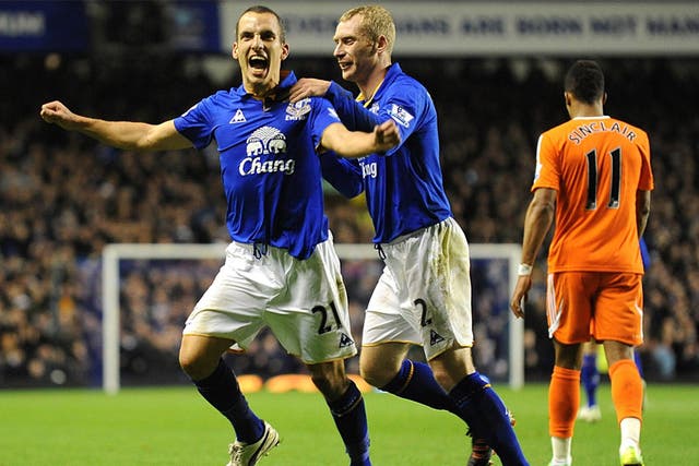 Leon Osman and Tony Hibbert celebrate Everton's winner last night