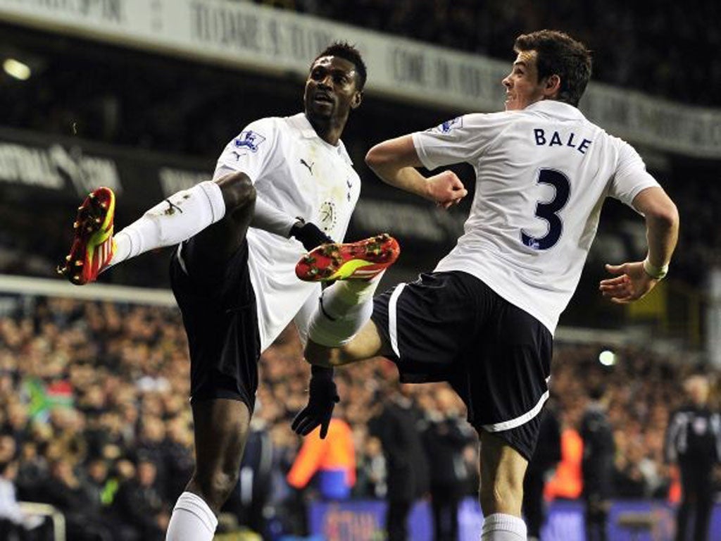 Emmanuel Adebayor and Gareth Bale opt for an unusual celebration