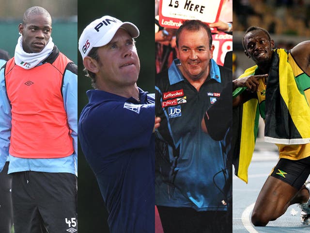 From left: Mario Balotelli, Lee Westwood, Phil Taylor, Usain Bolt