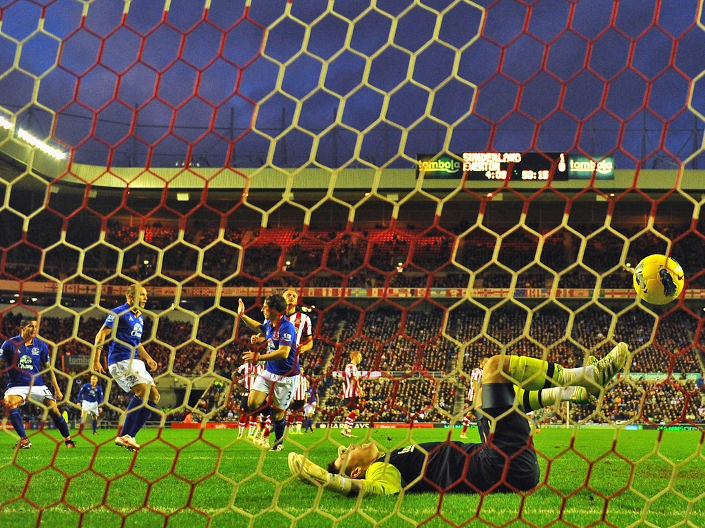 Leighton Baines scores from the penalty spot past Sunderland keeper Kieran Westwood