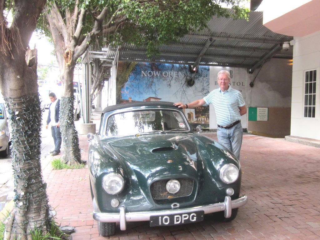 Geoffrey Herdman with his 1956 Bristol 405 Drophead Coupe in Panama