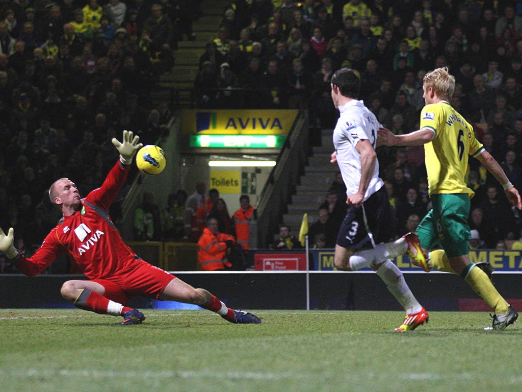 Gareth Bale deftly chips Norwich goalkeeper John Ruddy to score his and Tottenham’s second last night