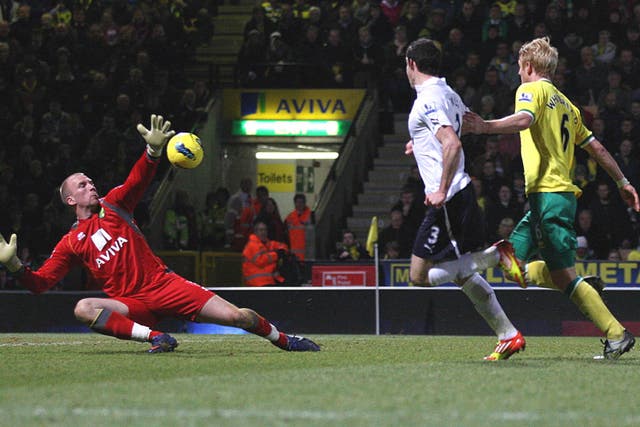Gareth Bale deftly chips Norwich goalkeeper John Ruddy to score his and Tottenham’s second last night
