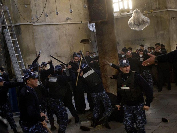A Christmas cleaning of the Church of the Nativity turned into scuffles today