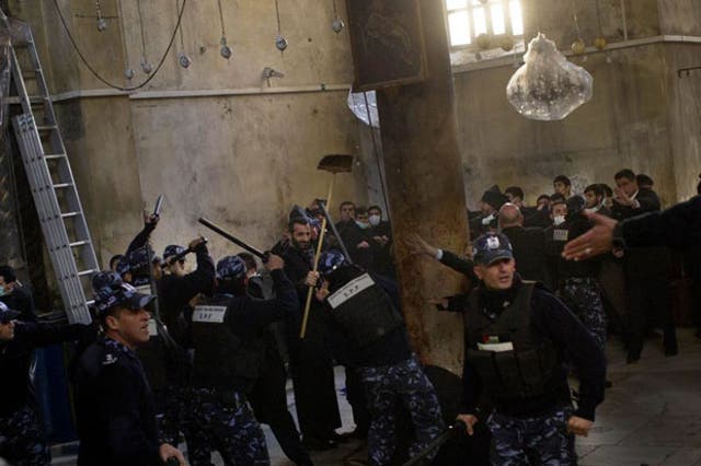 A Christmas cleaning of the Church of the Nativity turned into scuffles today