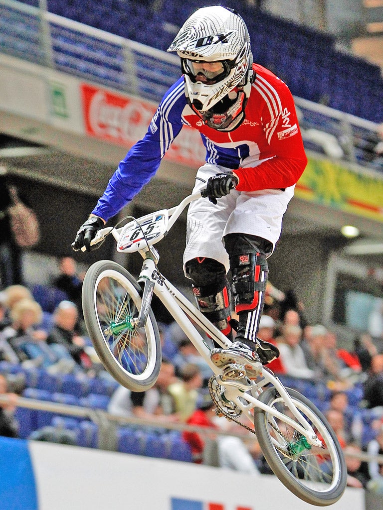 Liam Phillips powers down the BMX course during a World Cup event in Madrid