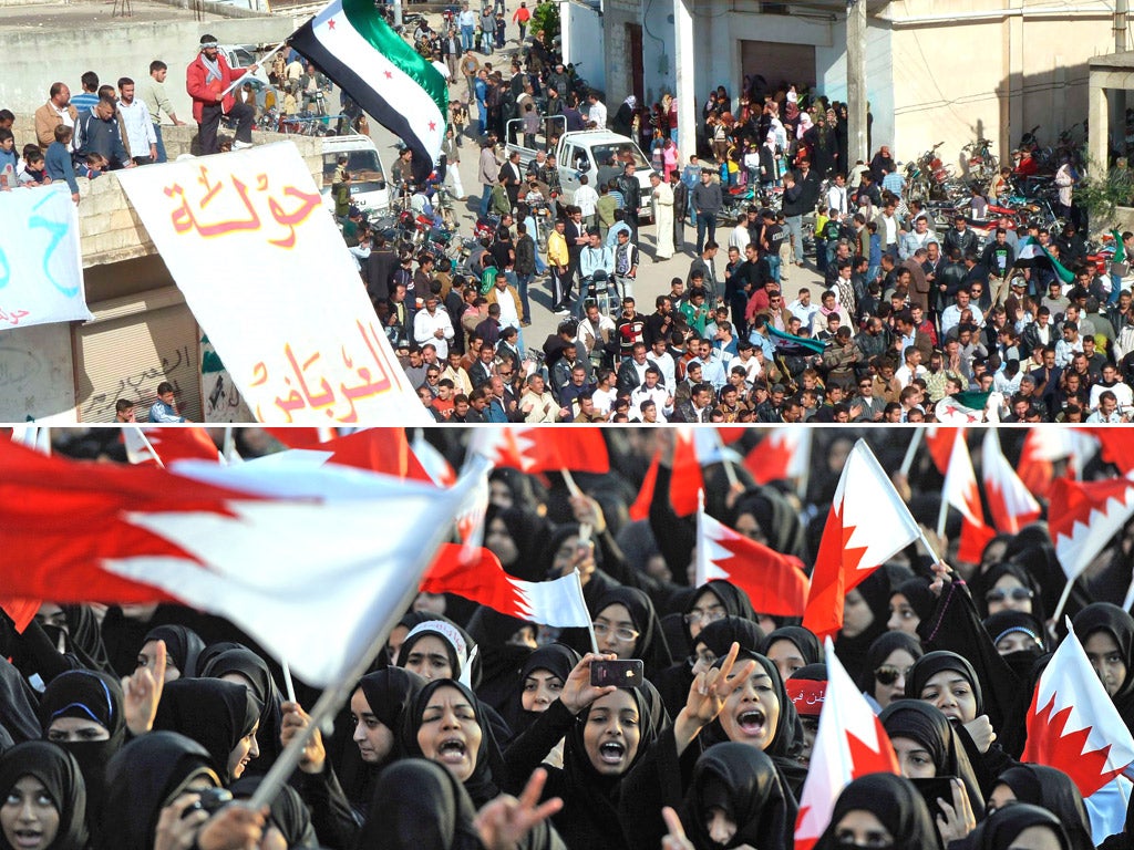 Demonstrators gather in Syria, while, below, Bahraini women join a protest march