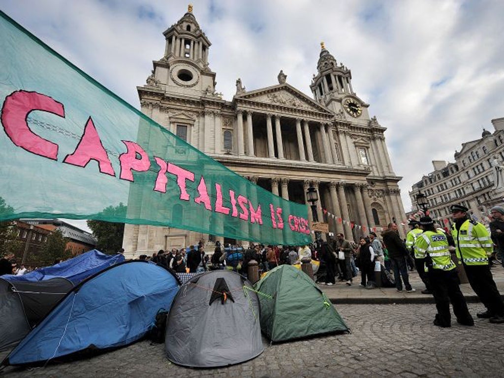 Anti-capitalist protest 16 October Members of the Occupy movement in front of St Paul's Cathedral, as part of a global wave of protests (inspired by the 'Occupy Wall Street' and 'Indignant' movements) against the ex
