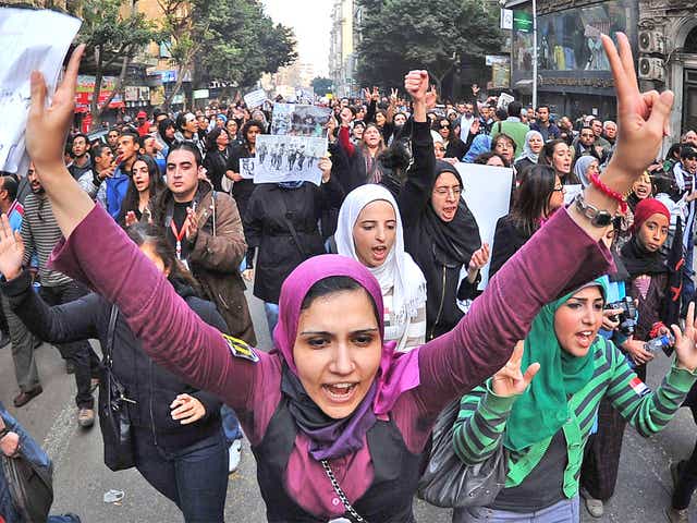 Egyptian women in Cairo protest against the army's use of violence against female protesters