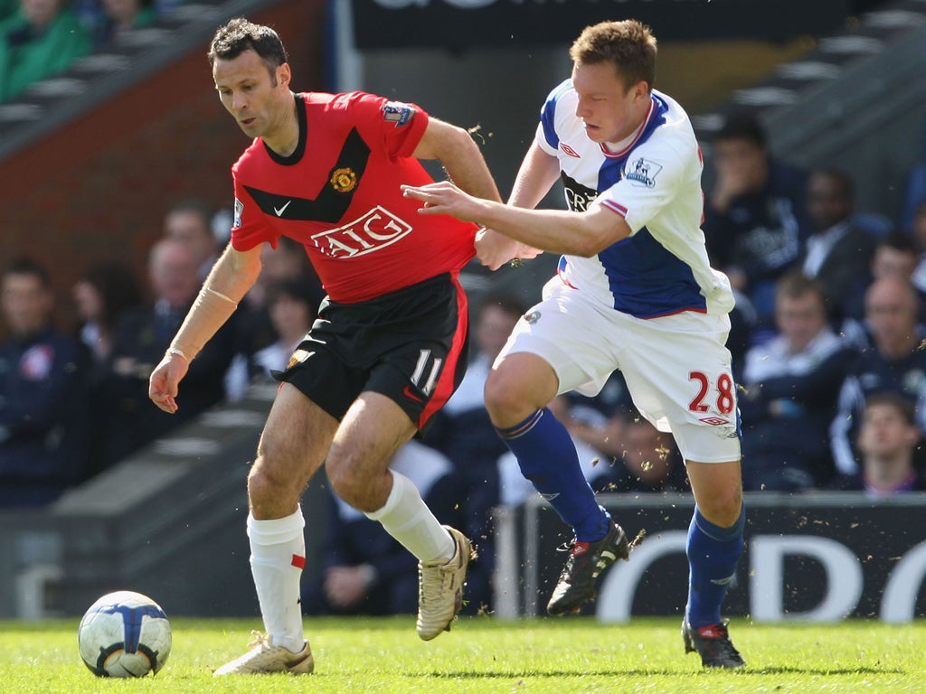 As a Blackburn player Phil Jones (right) tangled with his current Manchester Utd team-mate Ryan Giggs