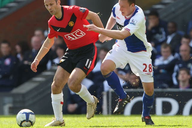 As a Blackburn player Phil Jones (right) tangled with his current Manchester Utd team-mate Ryan Giggs