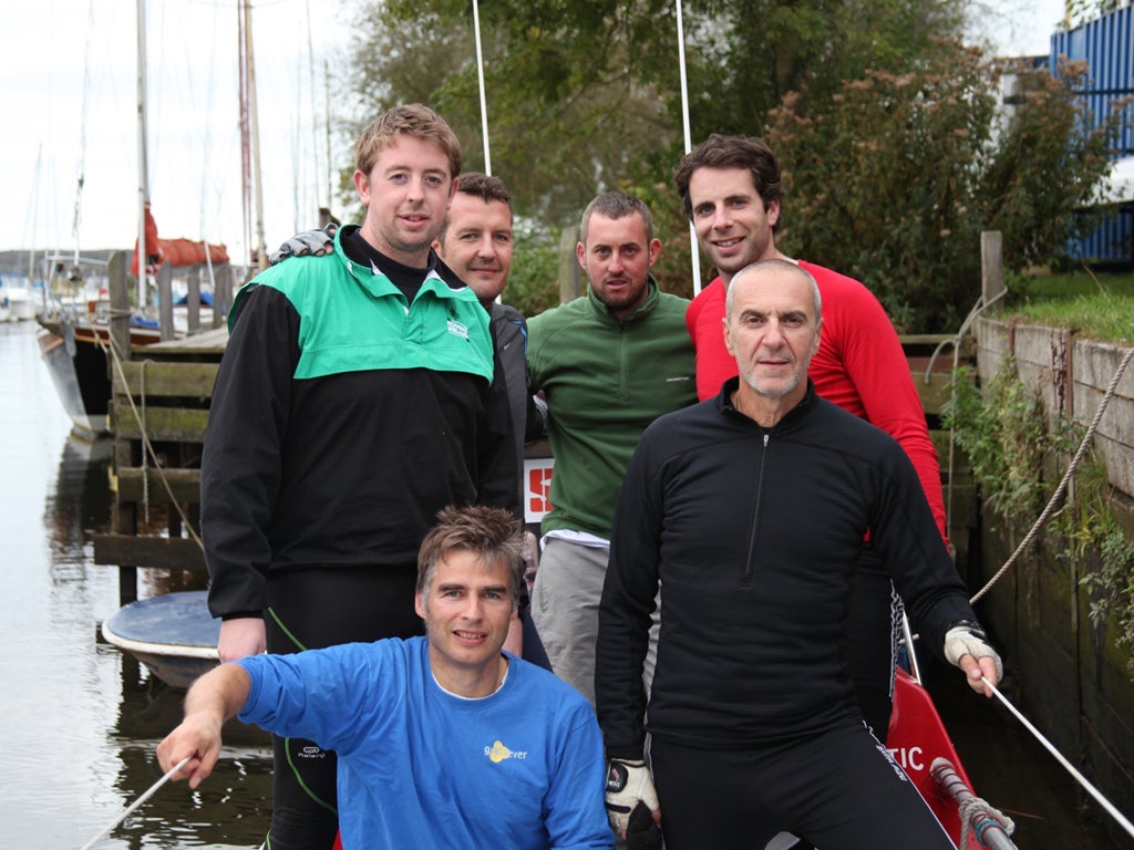 The crew of the 'Sara G', with Mark Beaumont, top right