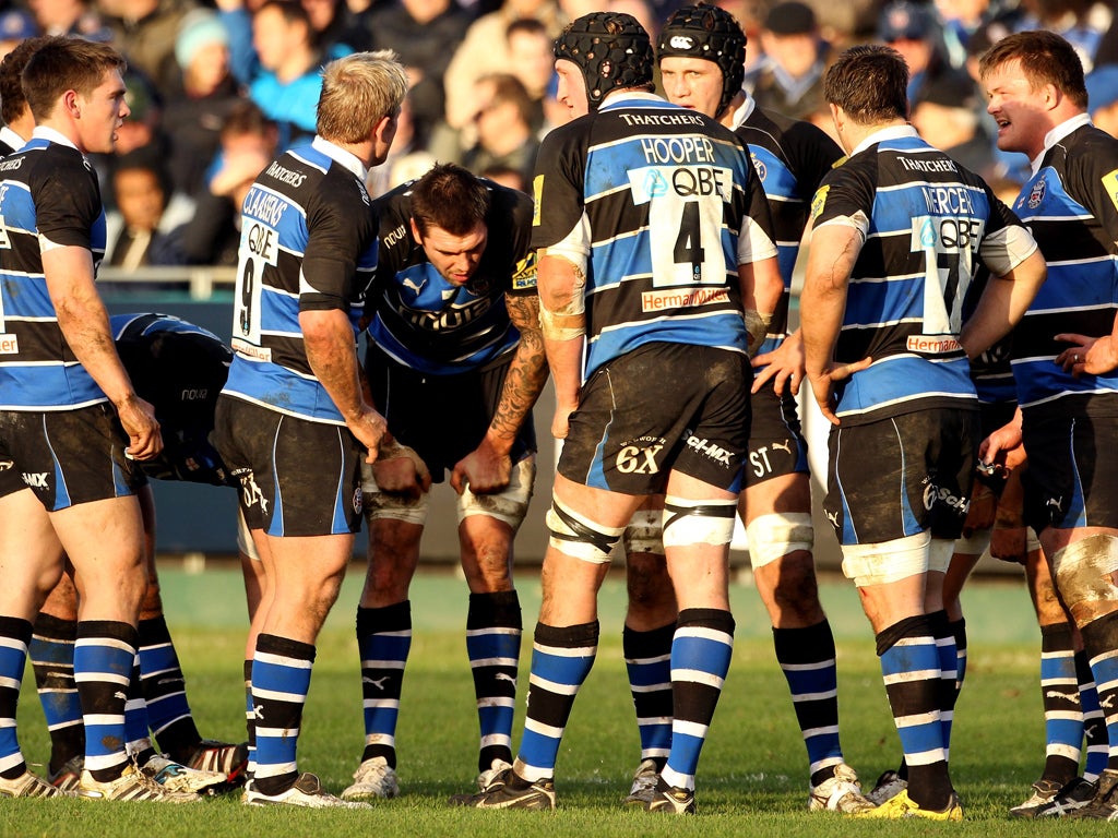 Bath players look to each other for inspiration during the recent match against Sale; sadly they still lost 16-13