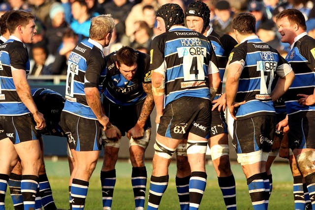 Bath players look to each other for inspiration during the recent match against Sale; sadly they still lost 16-13
