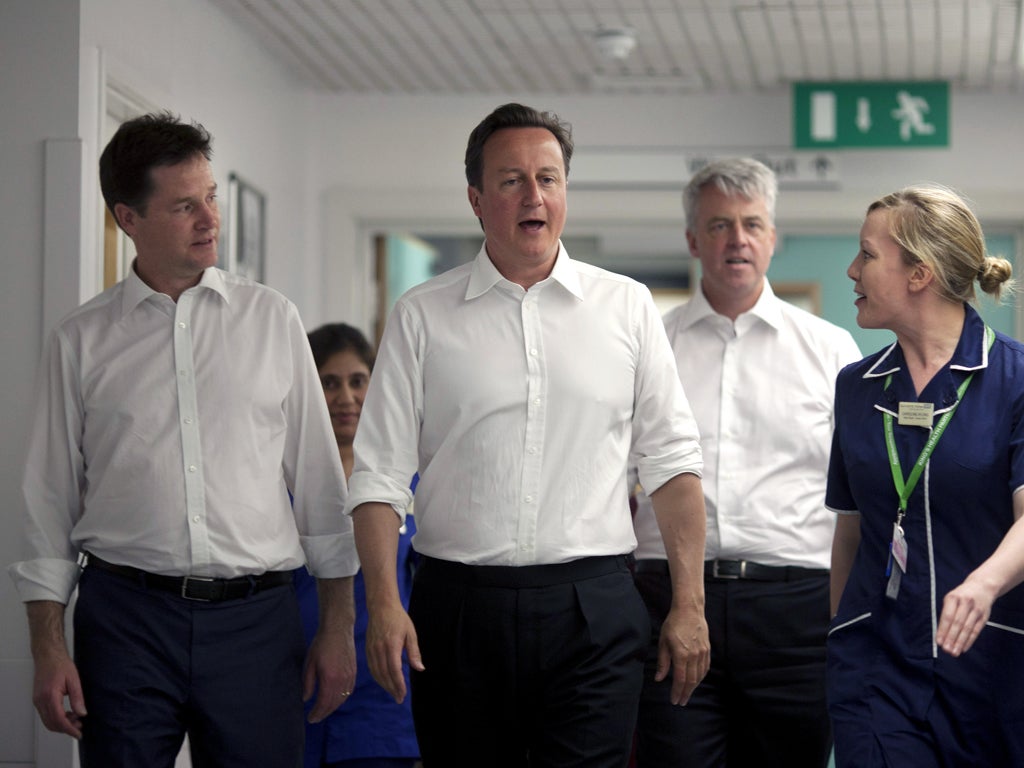 Nick Clegg, David Cameron and Health Secretary Andrew Lansley at Guy's Hospital before the proposed reforms