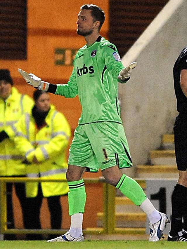 Charlton’s Ben Hamer reacts after being sent off against Leyton Orient