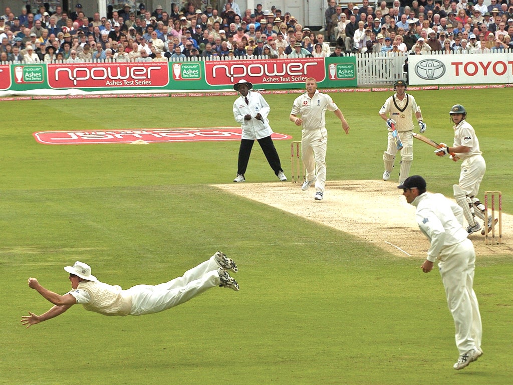 England v Australia, fourth Test, third day, Trent Bridge, August 2005 Andrew Strauss catches Adam Gilchrist
off Freddie Flintoff’s bowling