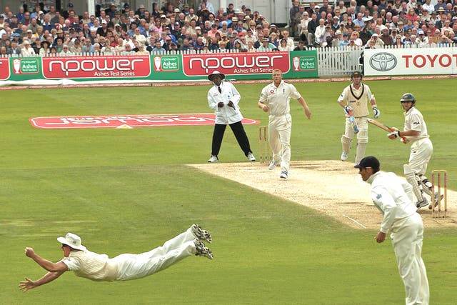 England v Australia, fourth Test, third day, Trent Bridge, August 2005 Andrew Strauss catches Adam Gilchrist
off Freddie Flintoff’s bowling