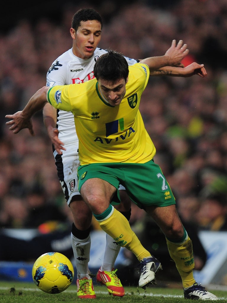 Fulham’s Kerim Frei tangles with Norwich’s Russell Martin