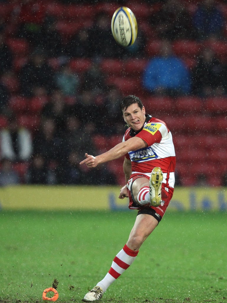 Gloucester’s Freddie Burns launches a kick at goal against Saracens