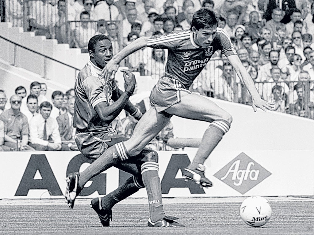 Ablett, right, takes the ball off the Wimbledon striker John Fashanu during the 1989 FA Cup final at Wembley