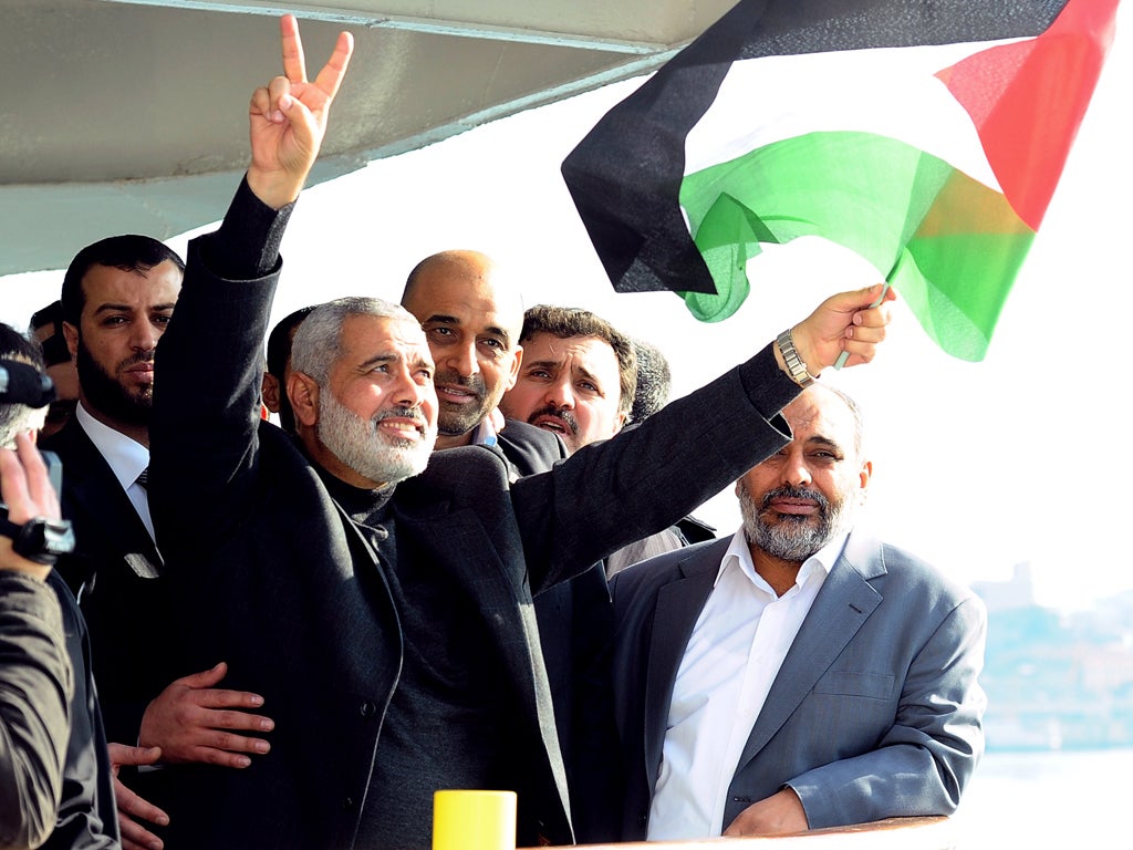 Hamas chief Ismail Haniyeh on board the Mavi Marmara in Istanbul yesterday