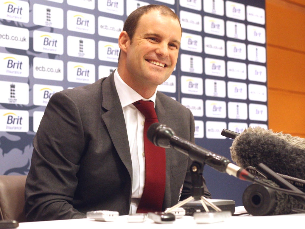 England captain Andrew Strauss at Heathrow Airport yesterday, looking forward to the challenge of facing Pakistan again