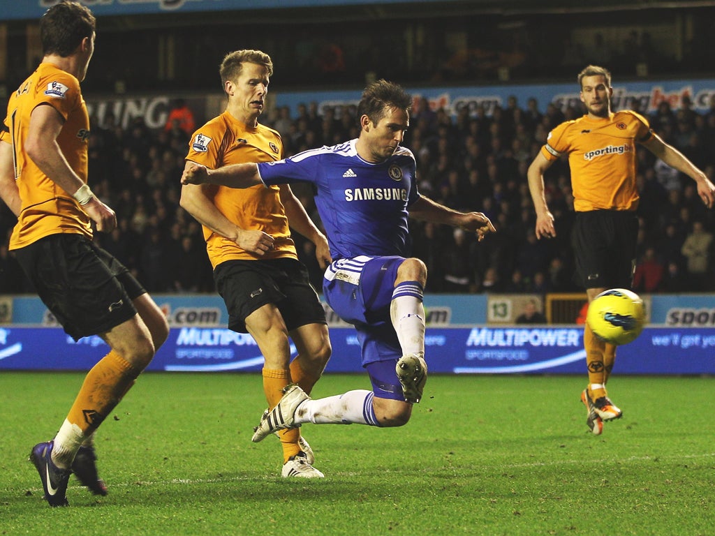 Frank Lampard scores Chelsea’s winner in the 89th minute
against Wolves yesterday