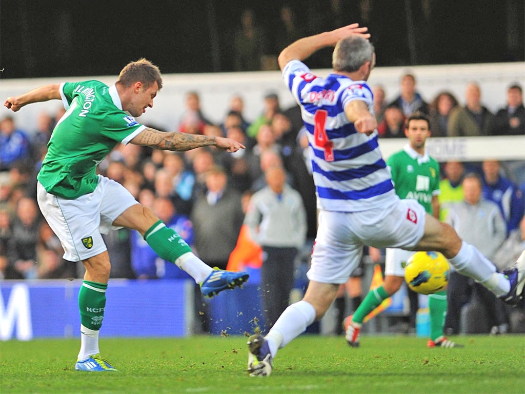 Anthony Pilkington scores Norwich's first goal in the win over Queen's Park Rangers