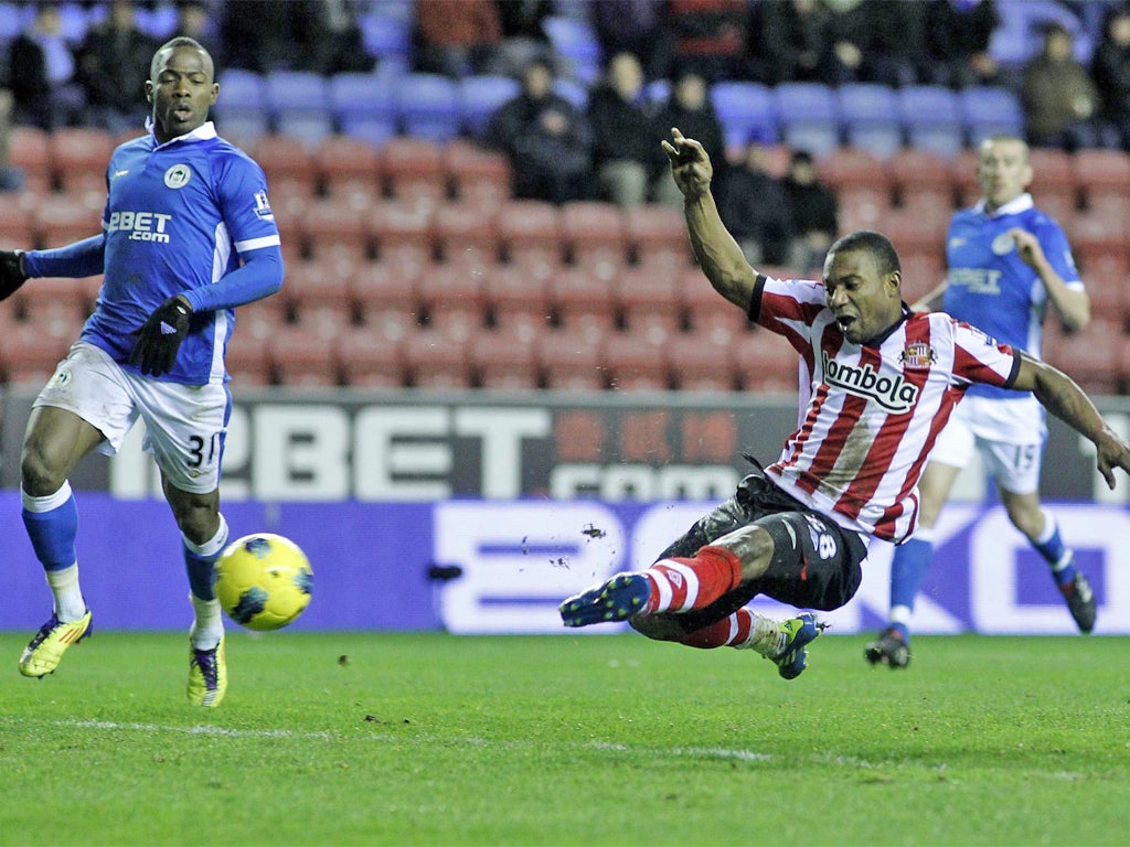 Stephane Sessegnon scores for Sunderland against Wigan last night