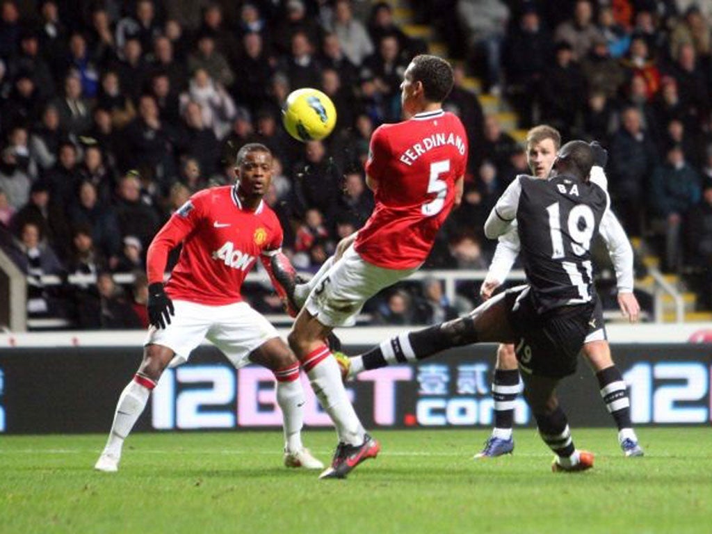 Demba Ba scores Newcastle's first goal against Manchester United