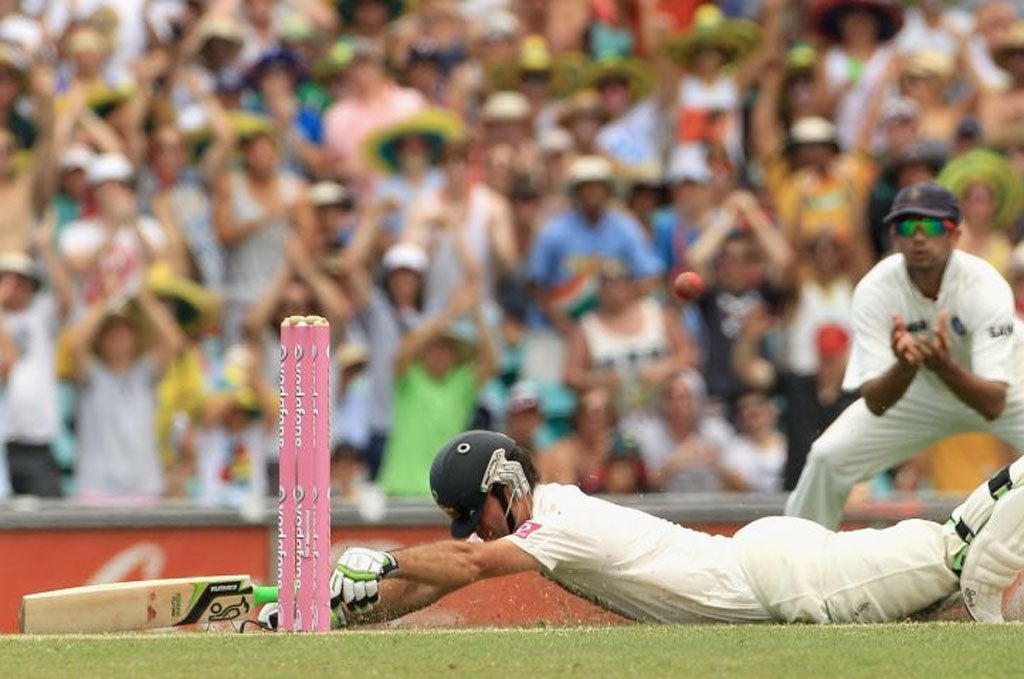 Ricky Ponting had to hurl himself down the wicket to
complete his ton